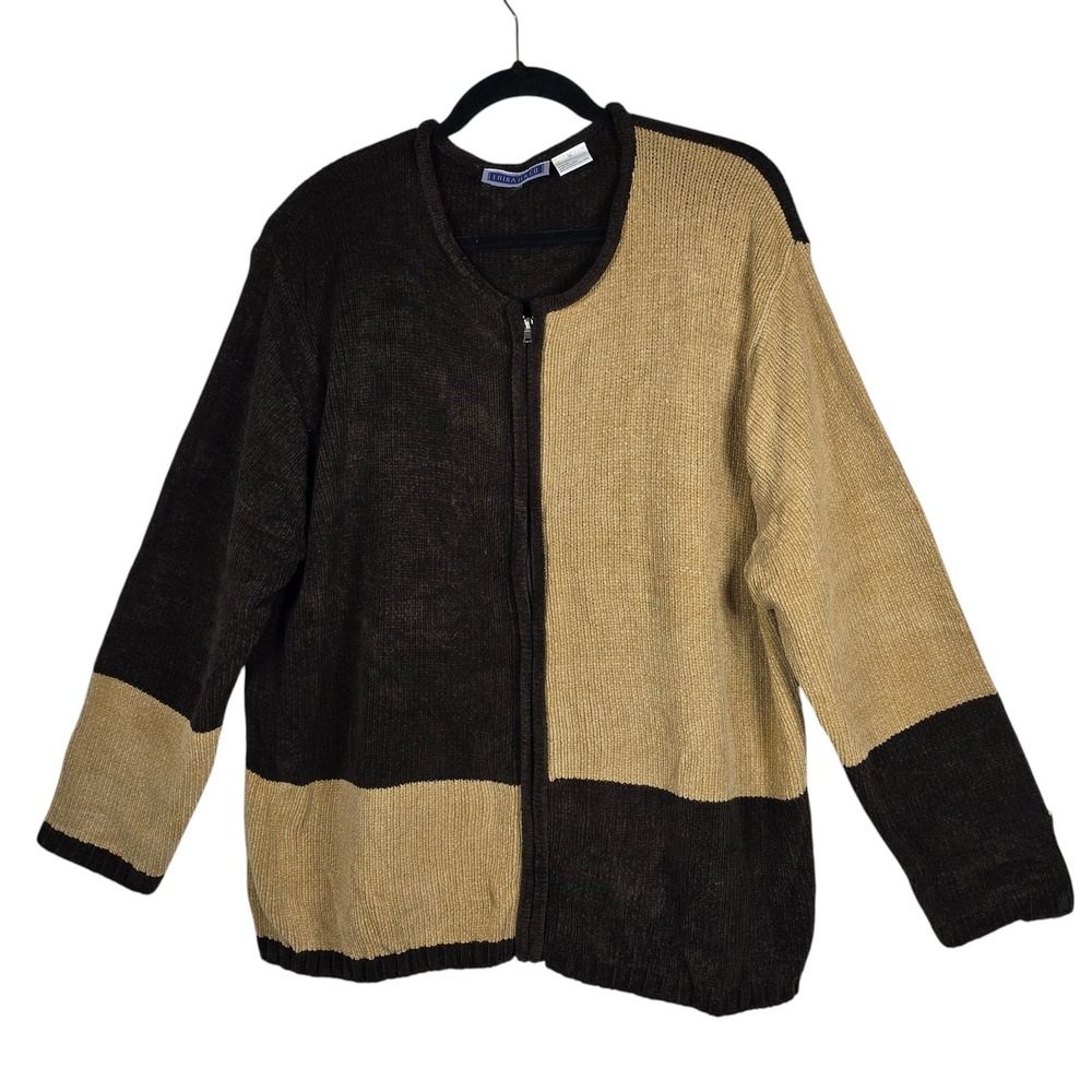 Erika II & Co Womens Brown Tan Colorblock Chenille Zip Front Cardigan Sweater 1X